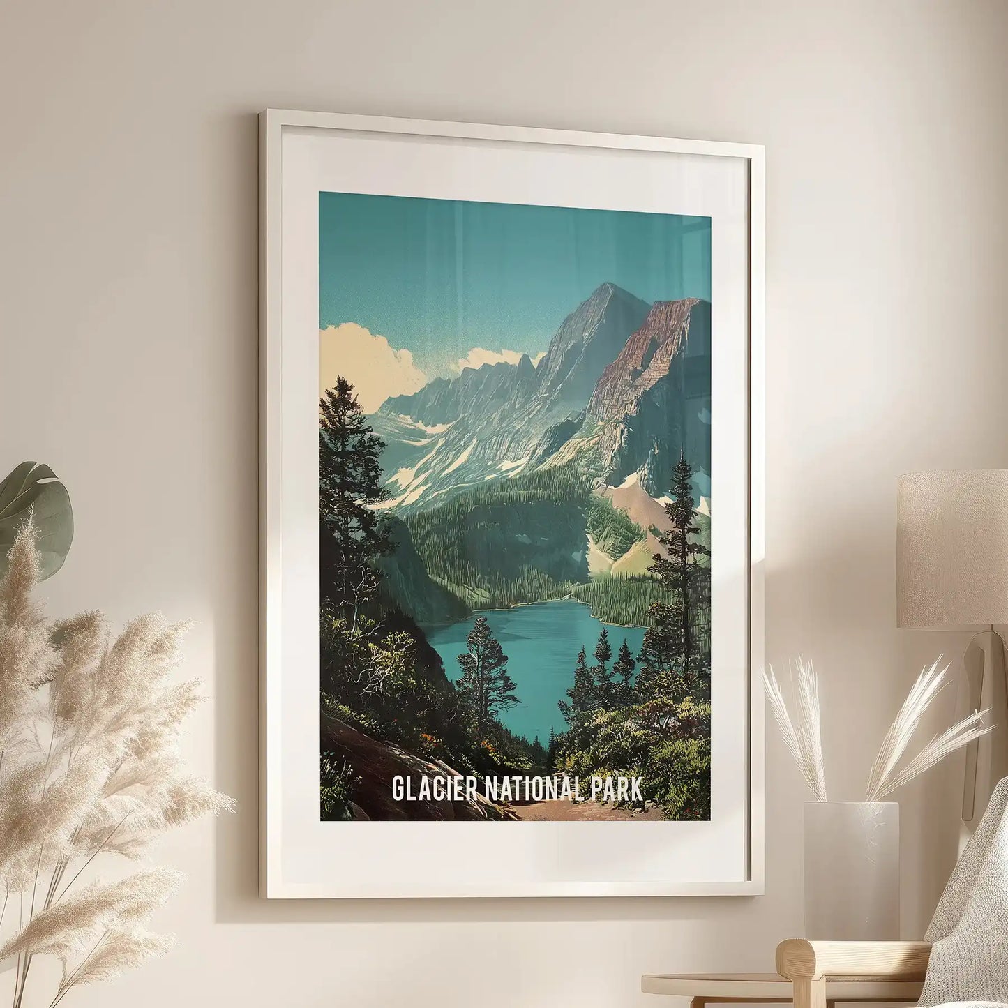 A single framed travel poster wall piece with white matting hangs in the sitting room above the lounge seat, echoing classic park signage charm.