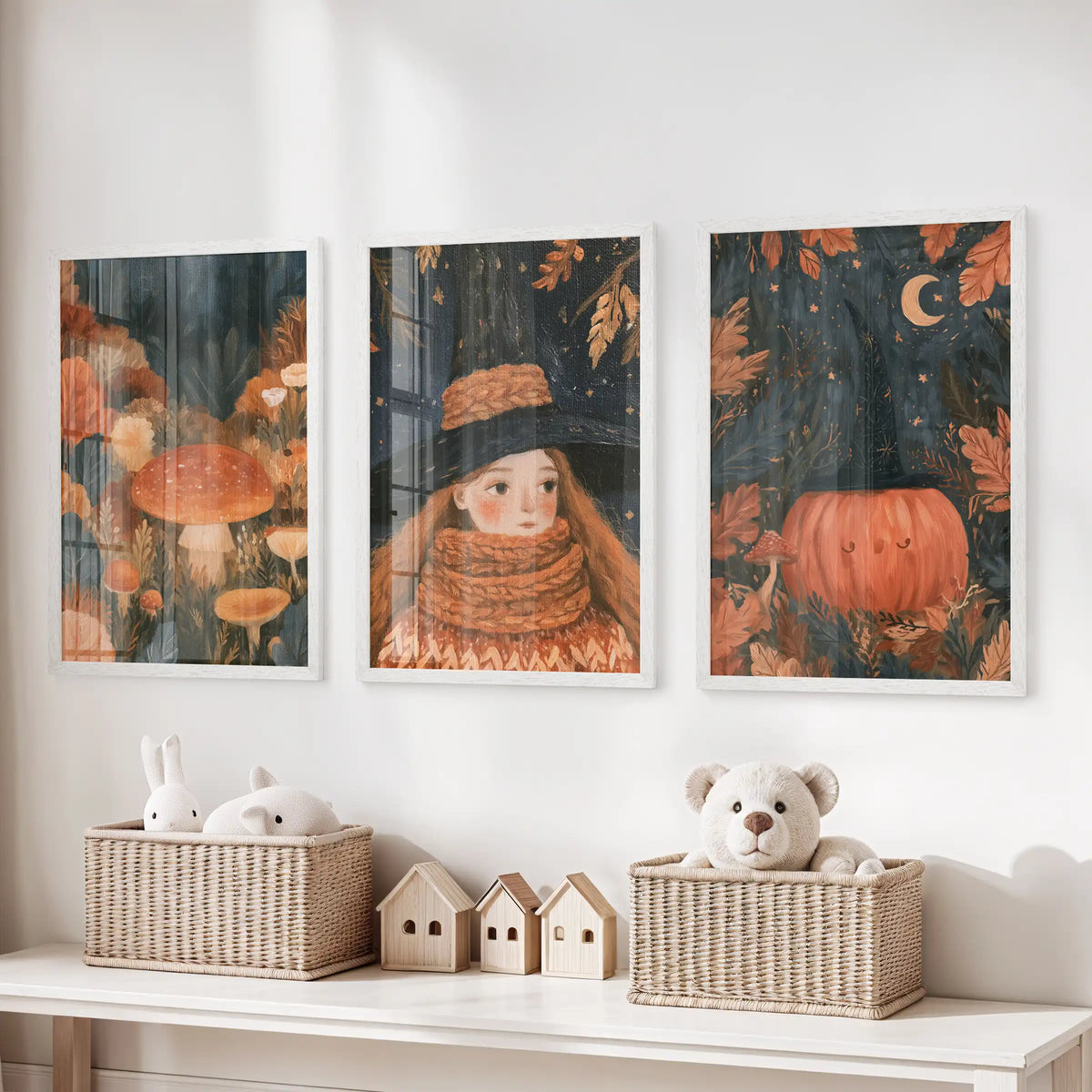 Storybook cottagecore forest three-print wall decor brightens a playroom in white frames, hung over toy storage for a tidy little gallery.