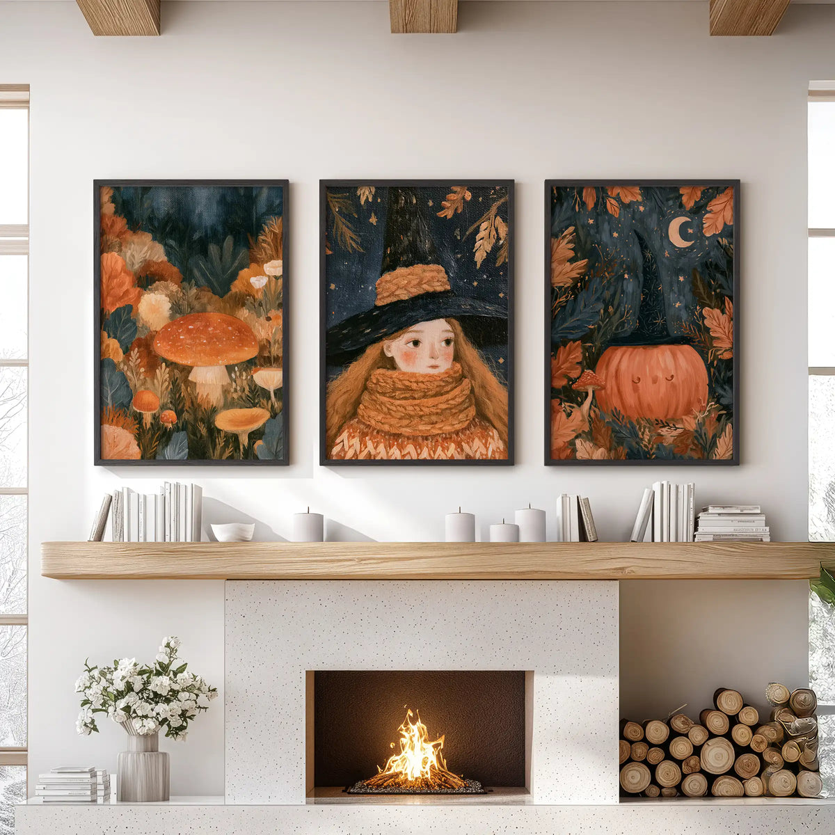Mushrooms and pumpkins three-piece wall art set in black frames warms the lounge, hanging above the hearth with a moody woodland feel.