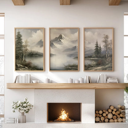 Moody mountain lake three-piece wall decor in natural oak frames, arranged over the mantle in a sitting room.