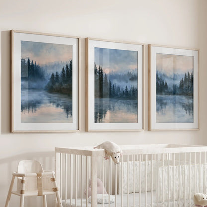 Serene lakeside wall art in a three-print set, wood framed with mats, hangs over the crib and brings gentle blues and soothing horizons to the nursery.