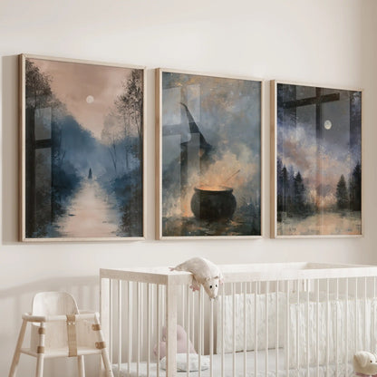 Enchanted woodland wall art comes as three prints in light oak frames, softly arranged above the crib for a storybook hush in the baby room.