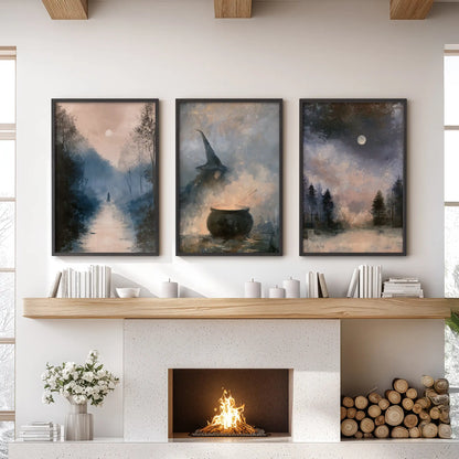 A three-piece moonlit forest wall print set in black frames sits above the family room mantle, bringing a moody, rustic-gothic feel.