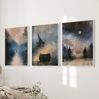 Witch silhouette 3 print wall art set in crisp white frames, designed for the bedroom wall beside the bed, balancing moody charm with clean lines.