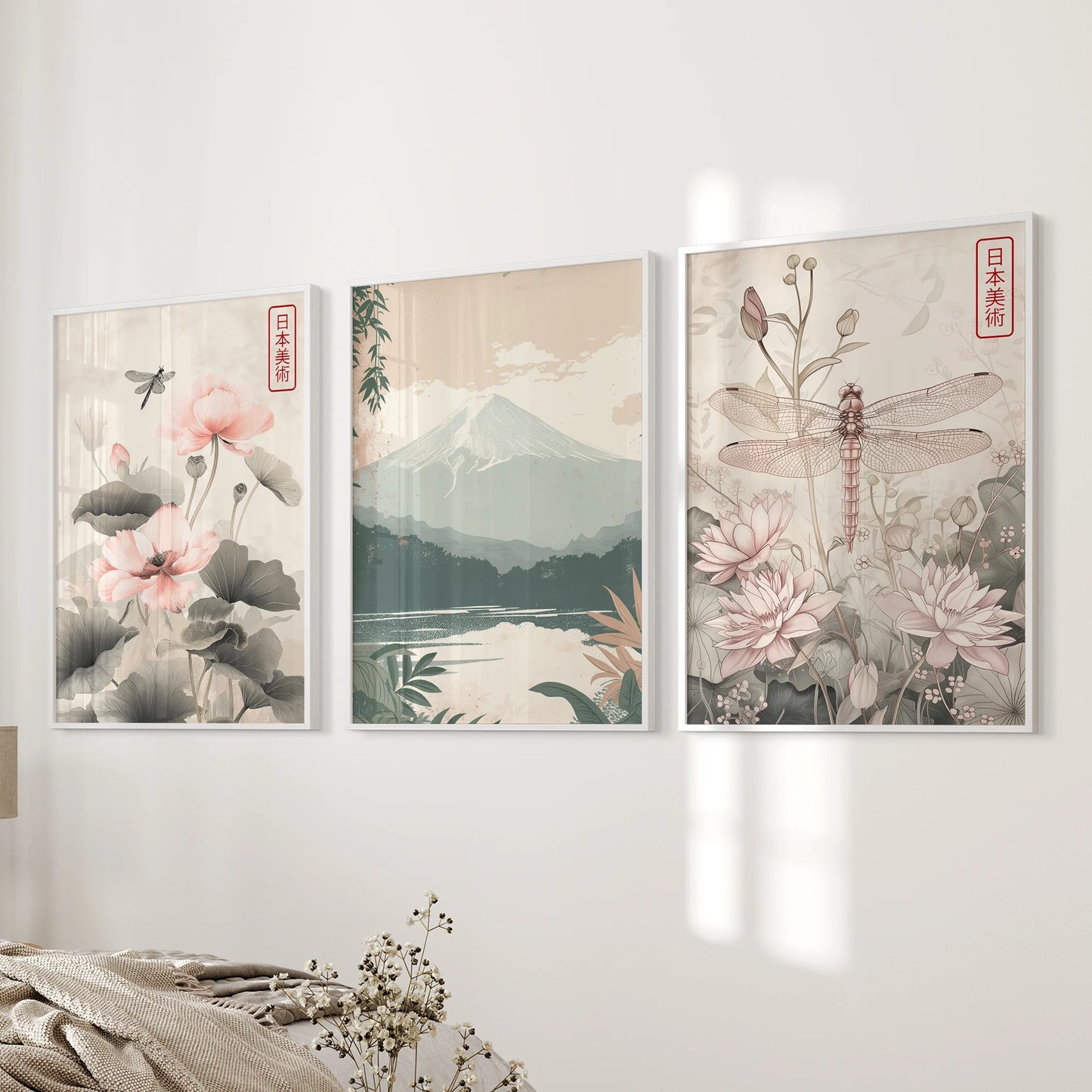 Mount Fuji landscape 3-piece artwork set in white frames, composed along the bedroom wall beside the bed to quiet the palette and invite rest.