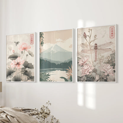 Mount Fuji landscape 3-piece artwork set in white frames, composed along the bedroom wall beside the bed to quiet the palette and invite rest.
