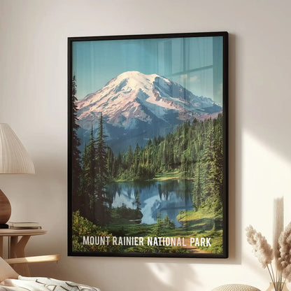Mount Rainier summit wall decor print in a black frame sets a calm focal point for the family room, hanging over the lounge chair with vintage park charm.
