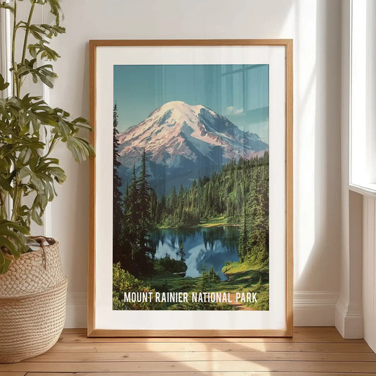 Mount Rainier summit single wall art print, in a black frame with matting, rests on the bedroom floor against the wall, ready to anchor the scene.