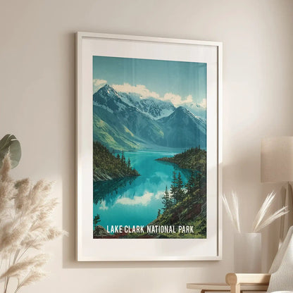 Retro travel poster art print with a white mat and frame infuses the sitting room with vintage flair, hung above the main seating area.