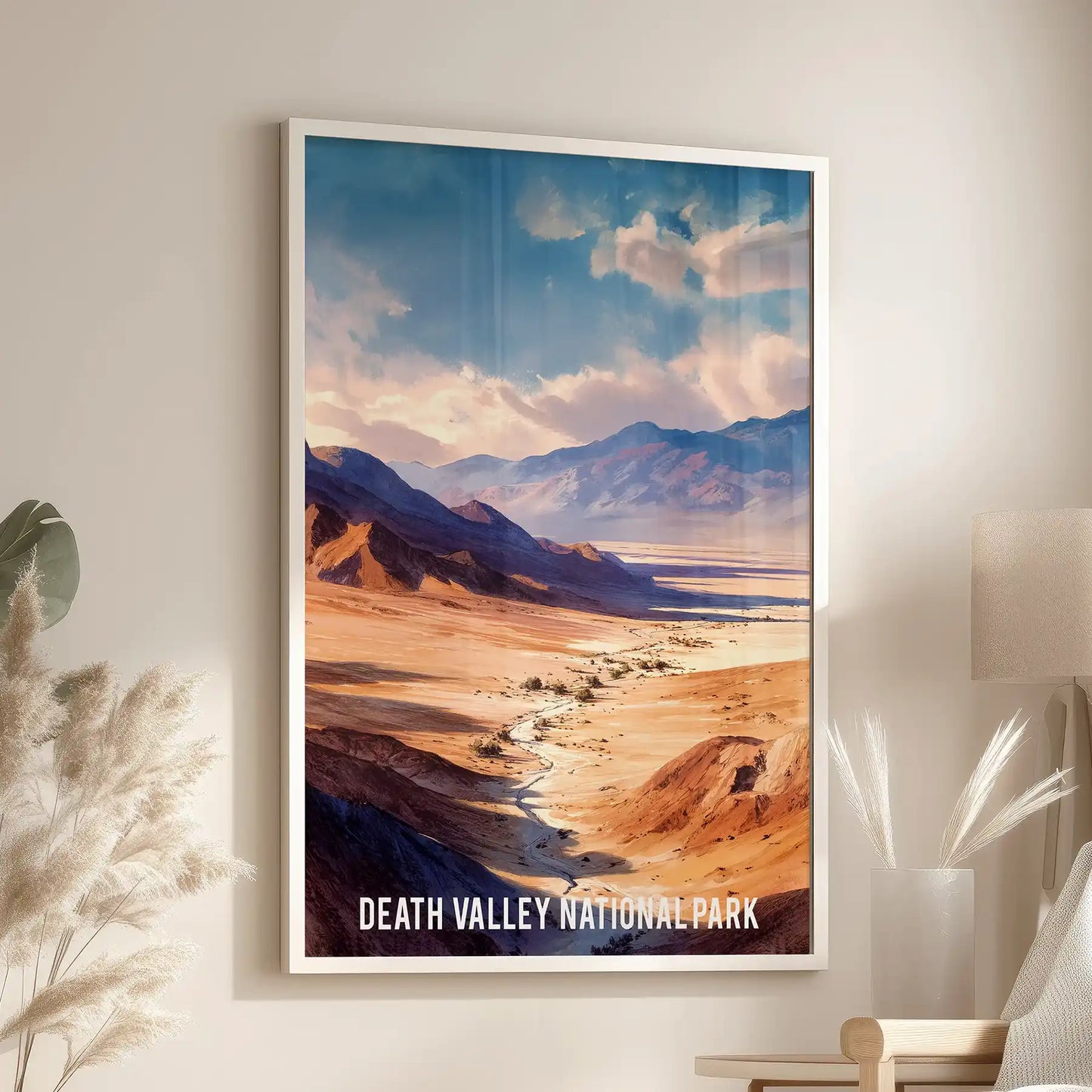 Vintage national park poster art, a poster print for wall in a white framed print, centered in a sitting room above the seating area for a bold focal point.