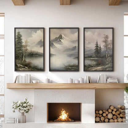 Three-poster wall art set featuring a mountain cabin landscape in black frames, displayed over a lounge fireplace.