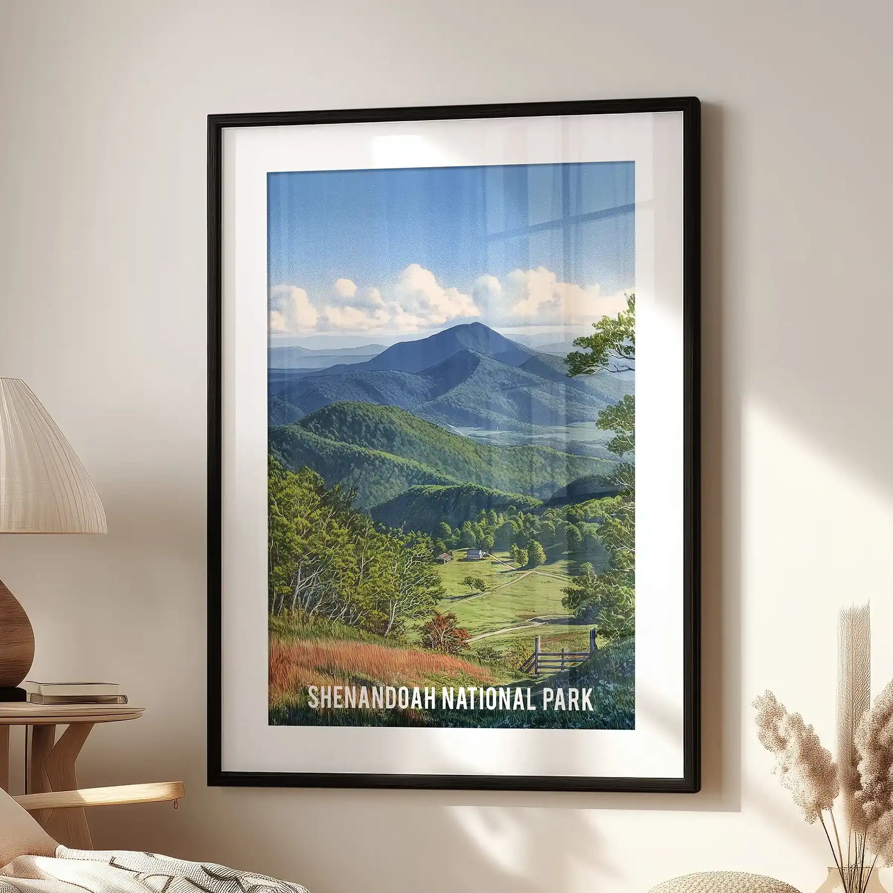 This Blue Ridge Mountains art print, black-matted and framed, grounds the lounge wall above a reading chair with mist-softened ridgelines.