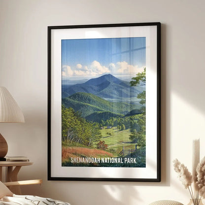 This Blue Ridge Mountains art print, black-matted and framed, grounds the lounge wall above a reading chair with mist-softened ridgelines.