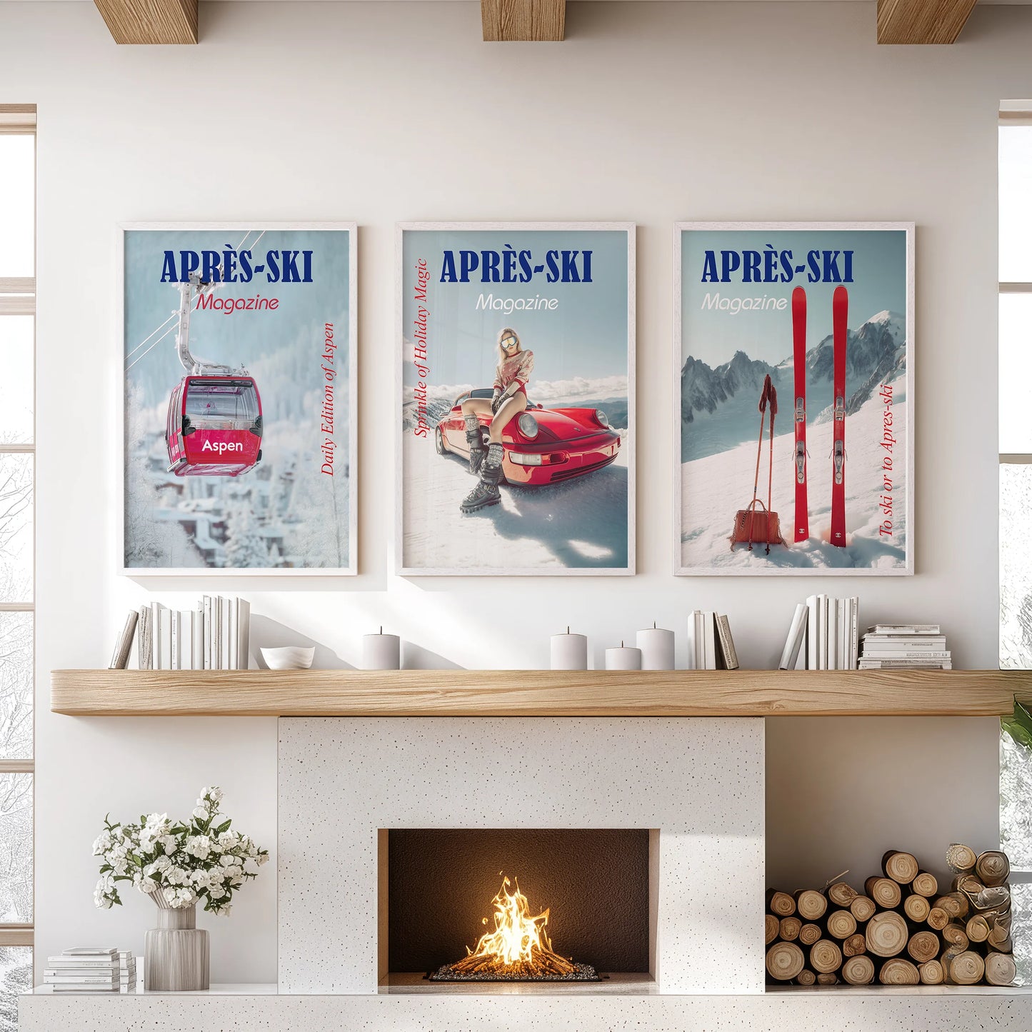 A white-framed three-print set of ski-lift and mountain views crowns the lounge above the mantel with an airy winter feel.
