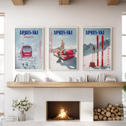 A white-framed three-print set of ski-lift and mountain views crowns the lounge above the mantel with an airy winter feel.