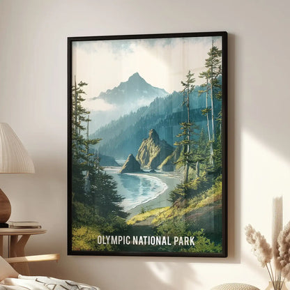 Framed wall art of Olympic National Park fills the family room above an accent chair, its misty pine landscape adding calm depth.