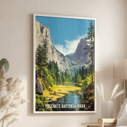 California wilderness mountains, presented as a white-framed panel print, hang above the lounge seat for a calm focal point.