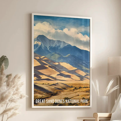 Colorado mountain landscape gallery wall poster, set over an accent chair in a white frame, pairing sweeping dunes with peaks for a calm sitting room focal point.