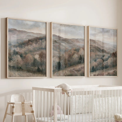 Neutral nature scenery wall art comes as a print trio above the nursery bassinet, with solid oak frames adding gentle warmth.