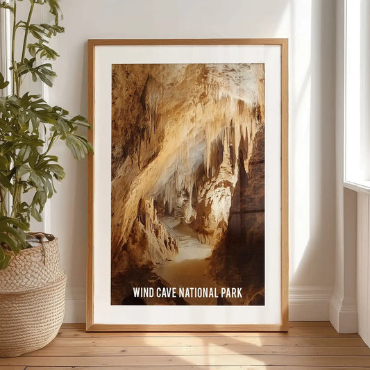 This black-framed stalactite cave picture, complete with mat, rests against the bedroom wall, enriching the space with rugged warmth.