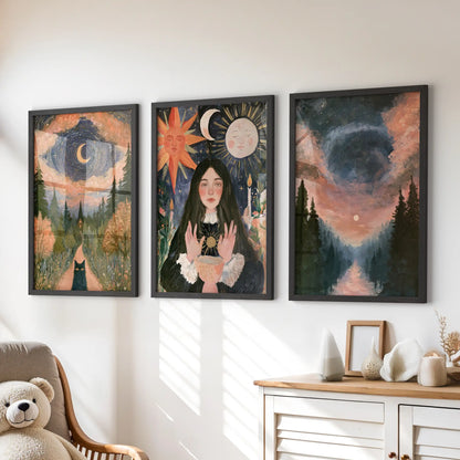 A three-piece celestial forest wall hanging in black frames sits over the kids-room dresser, pairing moonlit trees with gentle magic.