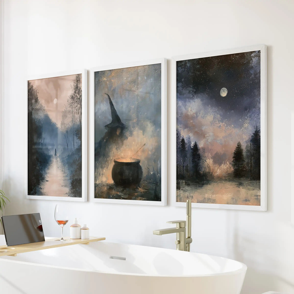 Gothic night landscape 3 piece artwork set in white frames, calm and misty wall art to float over the tub in a serene bathroom.