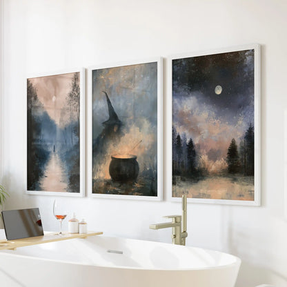 Gothic night landscape 3 piece artwork set in white frames, calm and misty wall art to float over the tub in a serene bathroom.