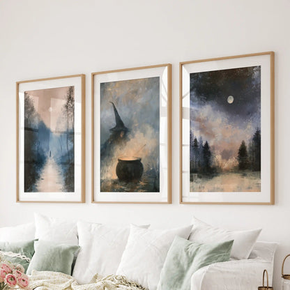 Three moonlit forest wall prints, matted in natural oak frames, span the space above the living room sectional with layered, shadowy depth.
