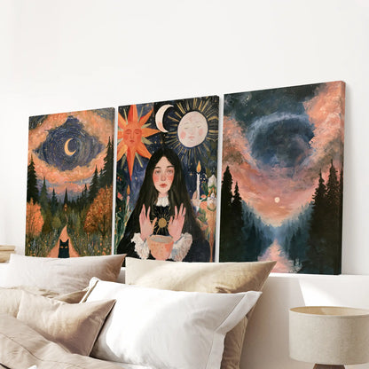 Celestial forest wall art trio, gallery-wrapped canvases, centers above the bed to deliver a sleek, design-forward band of moonlit green.