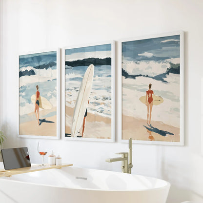 Nantucket dunes and surf, 3-piece picture set in white frames, brings spa-calm over the freestanding tub in the bathroom.