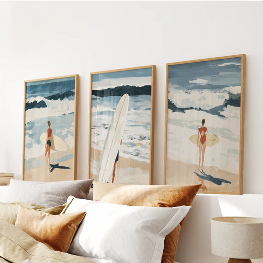 Nantucket dunes and surf, set of three wall art in natural wood frames, layers calm over the bedroom headboard.