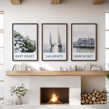 Nantucket Art Set of 3. Blue Hydrangeas, Classic Sailboats Prints