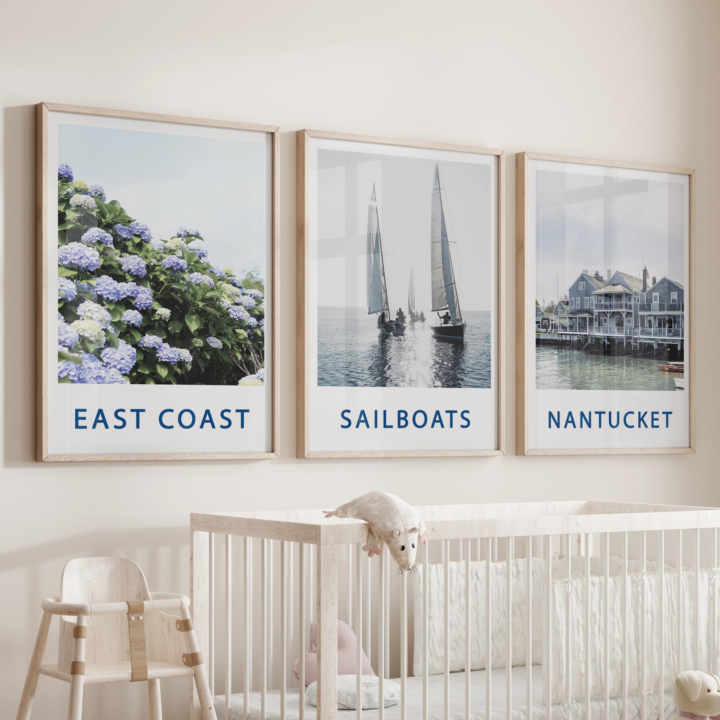 Nantucket Art Set of 3. Blue Hydrangeas, Classic Sailboats Prints