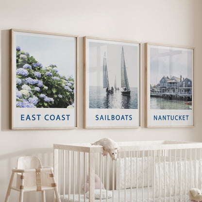 Nantucket Art Set of 3. Blue Hydrangeas, Classic Sailboats Prints