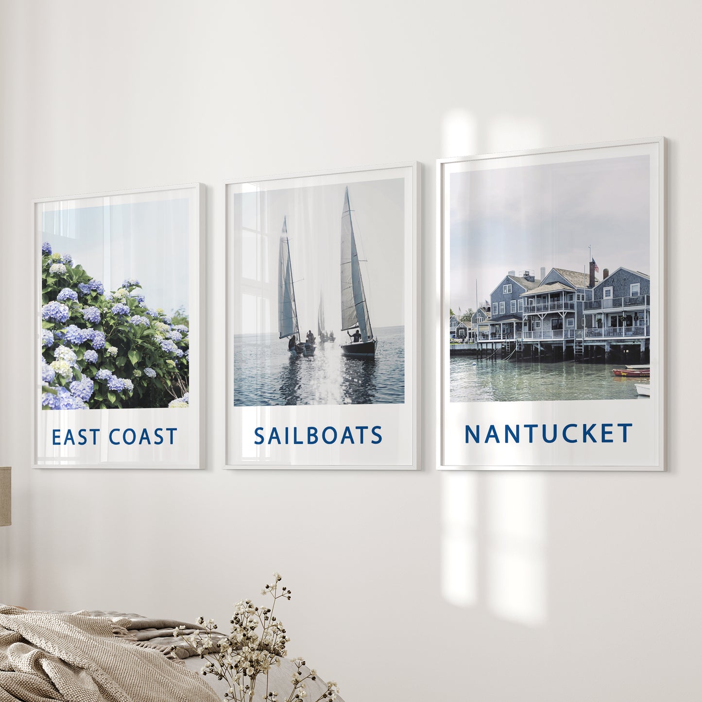 Nantucket Art Set of 3. Blue Hydrangeas, Classic Sailboats Prints