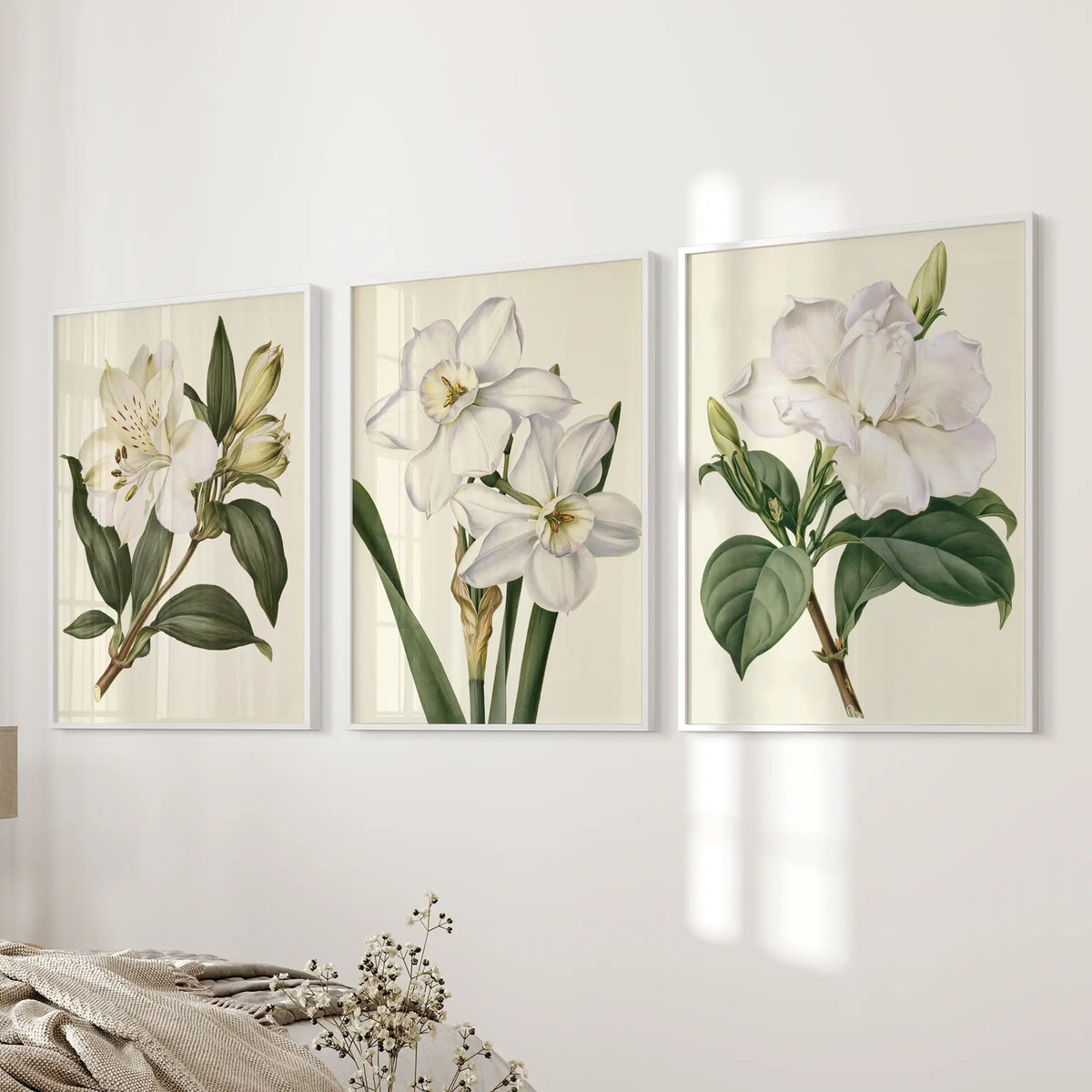 White botanical flowers fill three white-framed prints beside a bed.