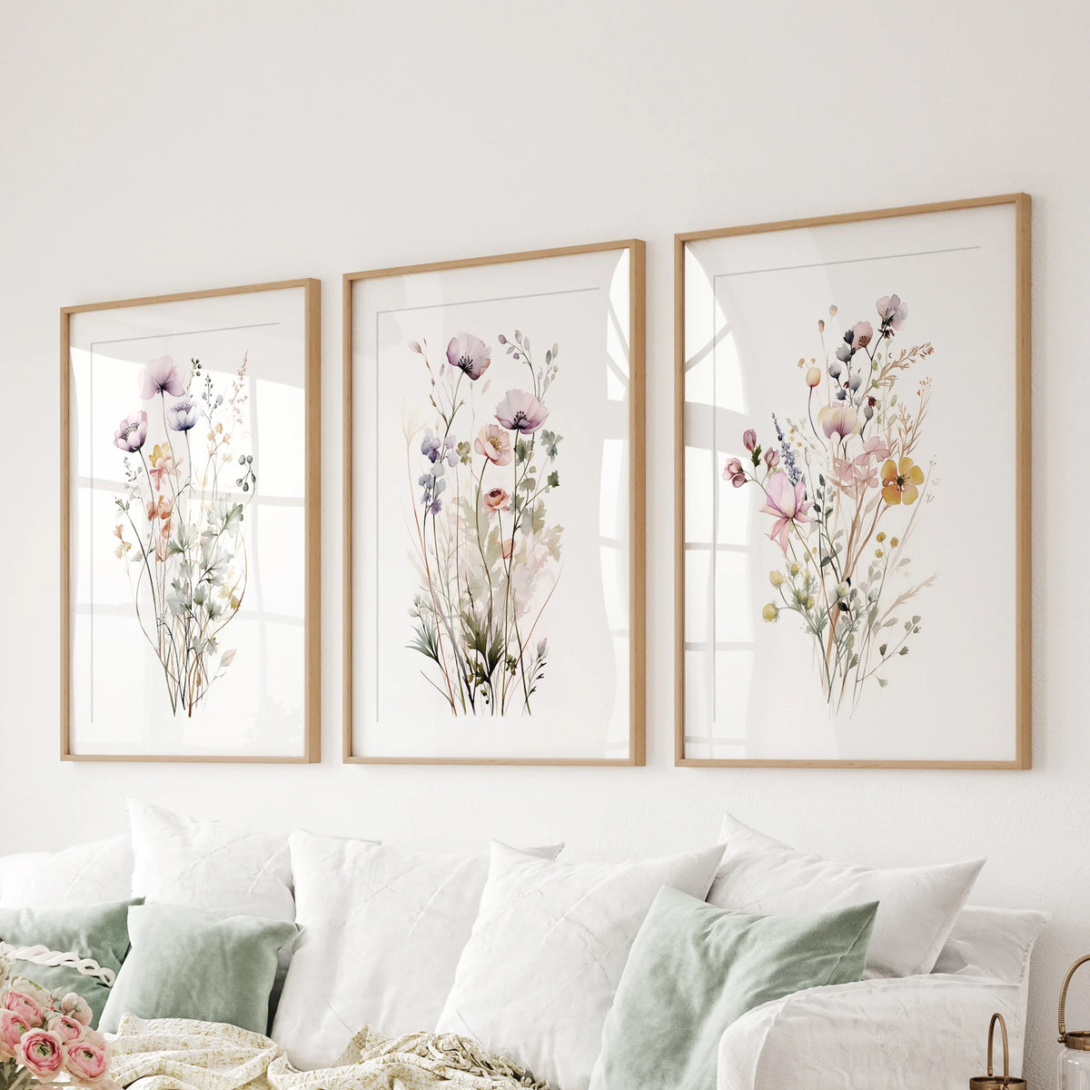 Pastel Wildflower Wall Art Set of 3 | Botanical Watercolor Prints