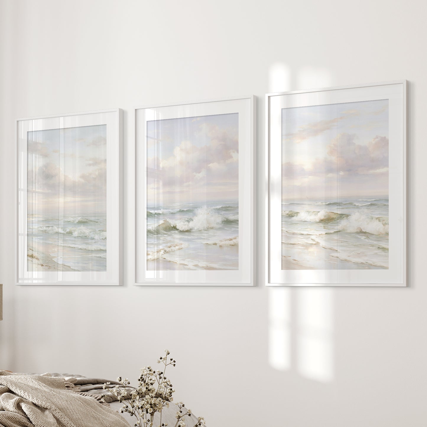Beach Seascape 3 Piece Wall Art. Soft Waves, Cloudy Sky Prints