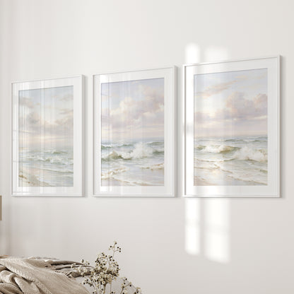 Beach Seascape 3 Piece Wall Art. Soft Waves, Cloudy Sky Prints