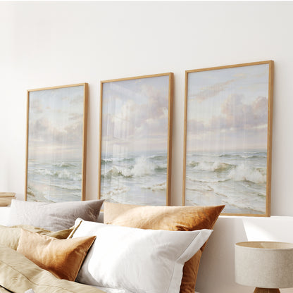 Beach Seascape 3 Piece Wall Art. Soft Waves, Cloudy Sky Prints