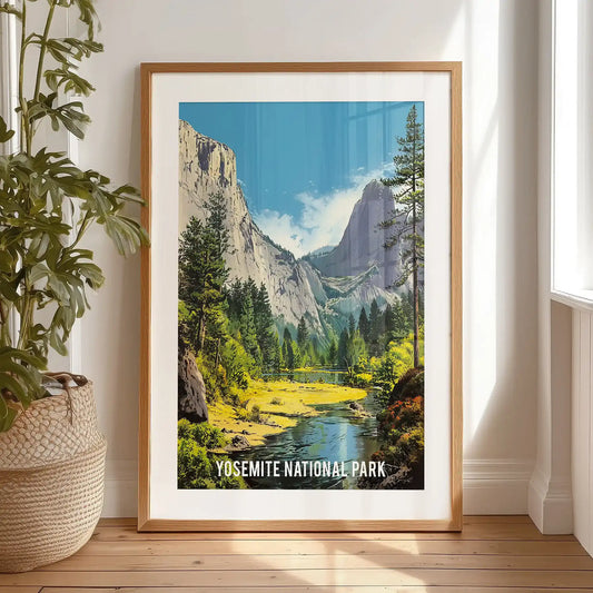 Yosemite National Park landscape, home wall art with a black-matted frame, is propped on the bedroom floor for easy display.
