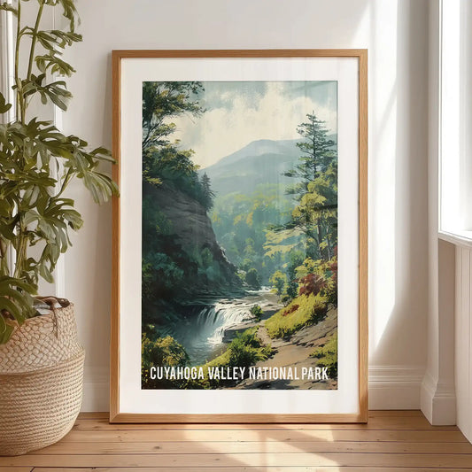 Single framed wall decor with a white mat captures an Ohio waterfall scene, propped on the bedroom floor amid deep green woods.