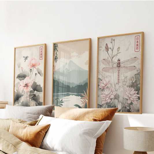 Mount Fuji landscape 3-piece gallery wall in oak frames, centered above the bed in the bedroom to ground the space with a timeless Japanese vista.