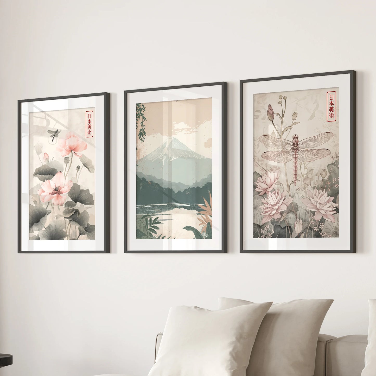 Lotus pond botanicals triptych in black frames with mats, floating above the family-room sectional sofa for a soft, nature-forward gallery moment.