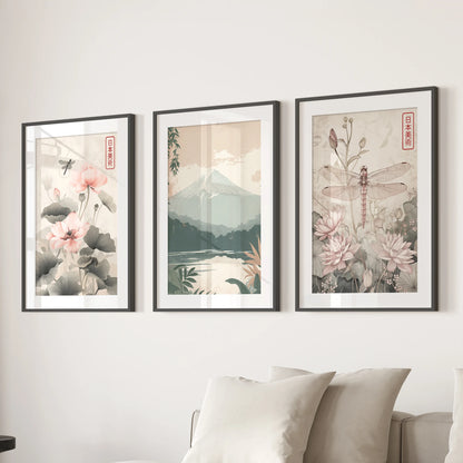 Lotus pond botanicals triptych in black frames with mats, floating above the family-room sectional sofa for a soft, nature-forward gallery moment.