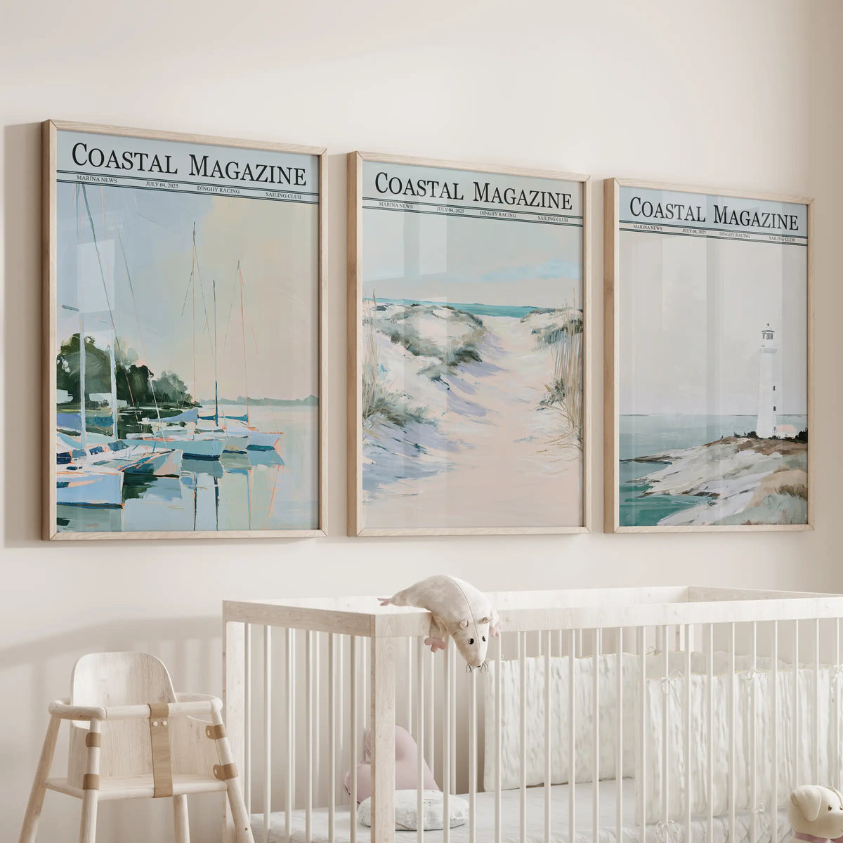 Coastal gallery wall set of three in oak wood frames, displayed over a bassinet in a baby's room.