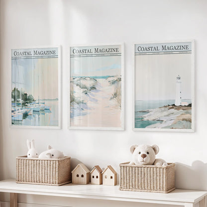 Lighthouse and beach three-piece wall art in white frames, displayed above a storage bench in a children's room with coordinating sailboat and dune prints.