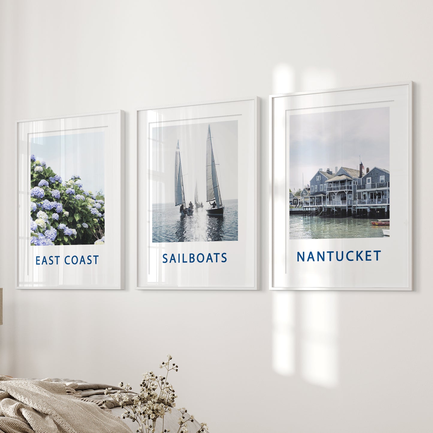 Nantucket Art Set of 3. Blue Hydrangeas, Classic Sailboats Prints