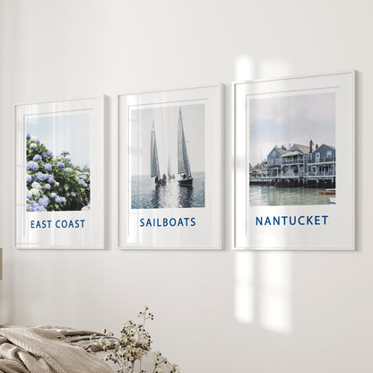 Nantucket Art Set of 3. Blue Hydrangeas, Classic Sailboats Prints