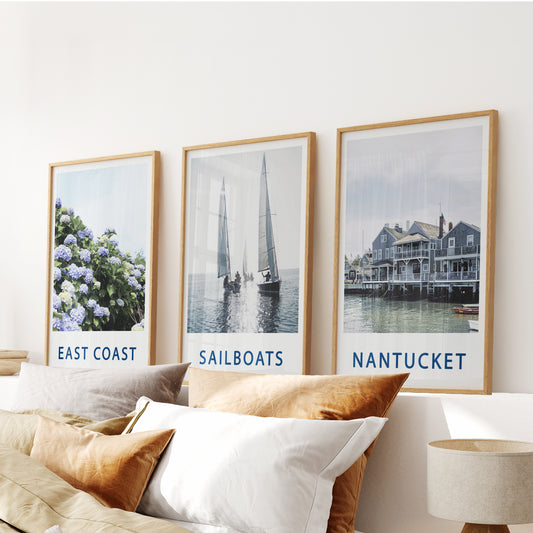 Nantucket Art Set of 3. Blue Hydrangeas, Classic Sailboats Prints